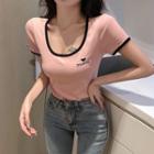 Short-sleeve Embroidered U-neck T-shirt