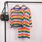 Long-sleeve Rainbow Perforated Knit Top/ Mini Dress