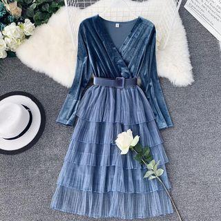 Long-sleeve Velvet Panel Midi A-line Tiered Dress