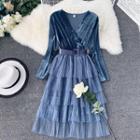 Long-sleeve Velvet Panel Midi A-line Tiered Dress