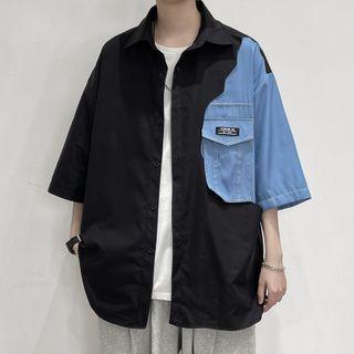 3/4-sleeve Denim Panel Shirt