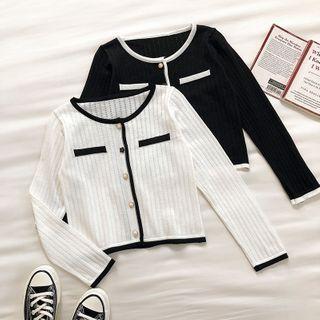 Color-block Crewneck Long-sleeve Knit Cardigan