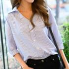 Pinstripe 3/4-sleeve V-neck Blouse