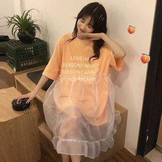 Lettering Mesh Panel Elbow-sleeve T-shirt Dress
