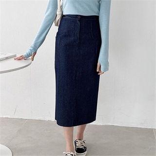 Slit-back Denim Skirt Dark Blue - One Size
