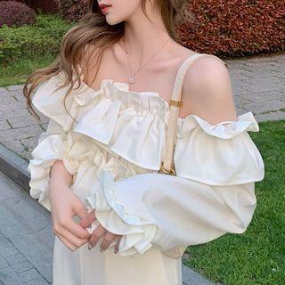 Ruffle Trim Off-shoulder Blouse White - One Size