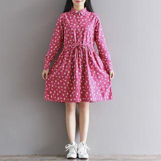 Printed Drawstring Waist Collared Long Sleeve Dress