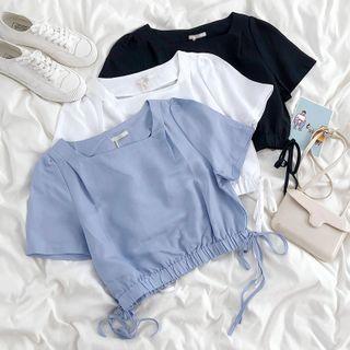 Short-sleeve Square-neck Drawstring Top