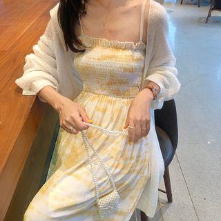 Spaghetti Strap Printed Midi Dress / Light Cardigan