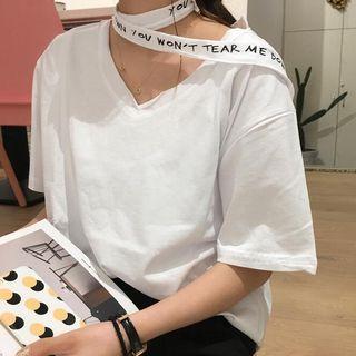 V-neck Short-sleeve T-shirt With Lettering Strap