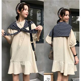 Ruffle Hem Elbow-sleeve Dress With Cape