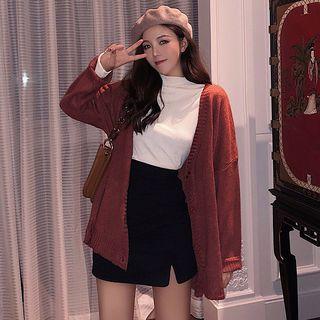 Button Cardigan / Mini Leopard Print Sheath Skirt