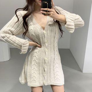 V-neck Button Mini A-line Knit Dress
