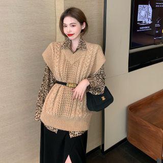 Plain Sweater Vest / Leopard Print Shirt / Slit Midi Pencil Skirt