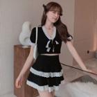 Set: Short-sleeve Lace Trim Crop Top + Mini Skirt