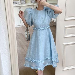 Puff-sleeve Open-back Wood Ear Trim A-line Dress