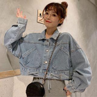 Drawstring Waist Cropped Denim Jacket