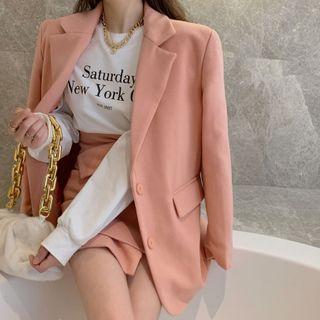 Lettering Print Sweatshirt / Single-breasted Blazer / Mini A-line Skirt