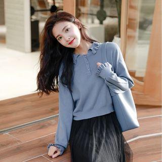 Long-sleeve Frill-trim Cropped Knit Top