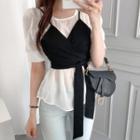 Set: Short-sleeve Blouse + Tie-side Camisole Top