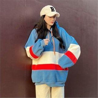 Color-block Hooded Sherpa-fleece Top Blue - One Size