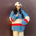 Color-block Hooded Sherpa-fleece Top Blue - One Size