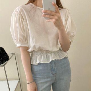 Puff Short Sleeve Ruffled Blouse As Shown In Figure - One Size