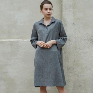 Tab-sleeve Slit-side Linen Blend Dress