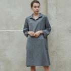 Tab-sleeve Slit-side Linen Blend Dress