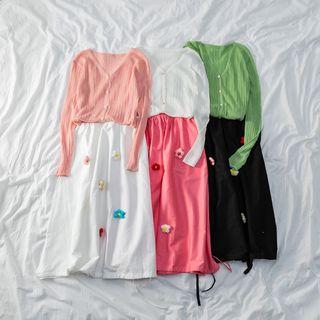 Set: V-neck Cardigan + Flower Accent Skirt