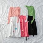 Set: V-neck Cardigan + Flower Accent Skirt
