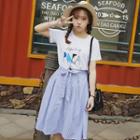 Set: Short-sleeve Lettering T-shirt / Pinstriped A-line Skirt