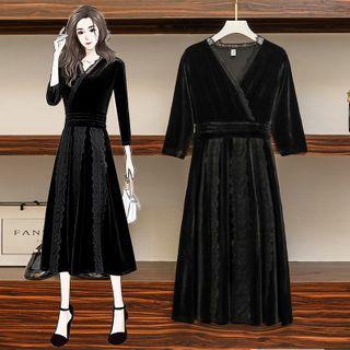 Lace Trim Velvet Midi A-line Dress