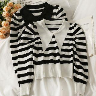Striped Puff-sleeve Cropped Polo Shirt