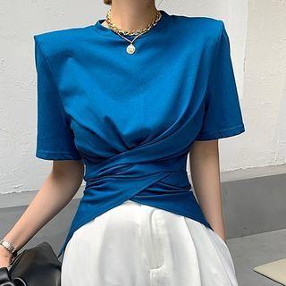 Short-sleeve Round Neck Padded-shoulder Plain Asymmetric Cross Strap Top
