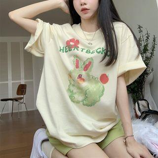 Elbow-sleeve Print T-shirt Milky Yellow - One Size