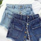Mock Two-piece Single-breasted High-waist Denim Shorts