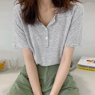 Half-placket Stripe T-shirt