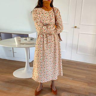 Long-sleeve Floral Print Midi A-line Dress / T-shirt