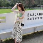 Rib Knit Camisole Top / Cardigan / Floral Print Midi A-line Skirt / Set