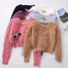 Chain-neckline Furry-knit Sweater In 6 Colors