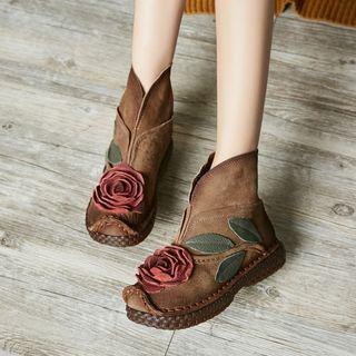 Flower Applique Genuine Leather Short Boots
