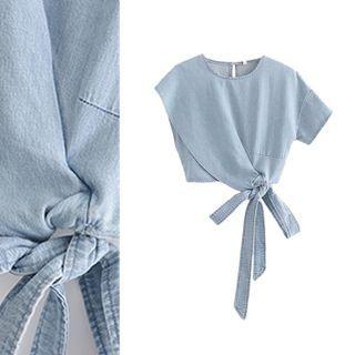 Short-sleeve One-shoulder Denim Crop Top