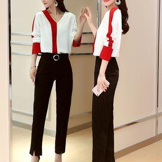 Set: Color Block Blouse + Tapered Pants