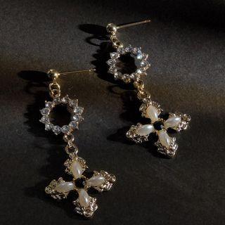 Cross Rhinestone Alloy Dangle Earring 917 - 1 Pair - Gold - One Size