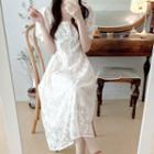 Square-neck Short-sleeve Midi A-line Lace Dress