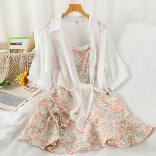 Set: Spaghetti-strap Floral Print Mini A-line Dress + Shirt