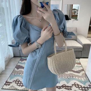 Ribbon-accent Puff-sleeve Mini Dress