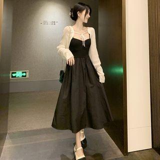 Spaghetti Strap A-line Dress / Tie-front Cardigan