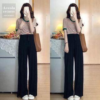 Short-sleeve Striped T-shirt / High Waist Wide Leg Pants